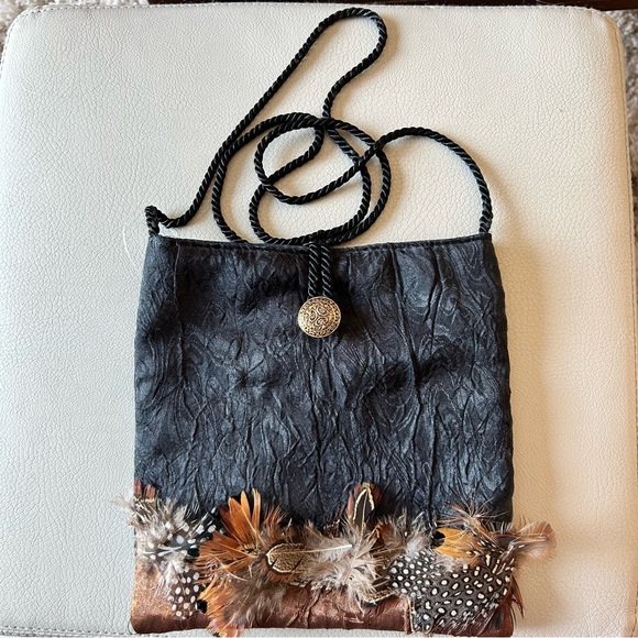Handmade Handbags - Chic Feather-Embellished Crossbody Bag in Black and Brown